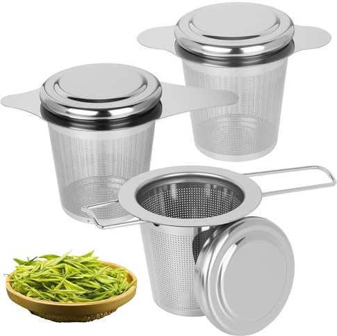 Colador de té para té suelto con tapa, 3 piezas de colador de té para taza, filtro de té de acero inoxidable con tapa y asas plegables, malla fina y apto para lavavajillas.