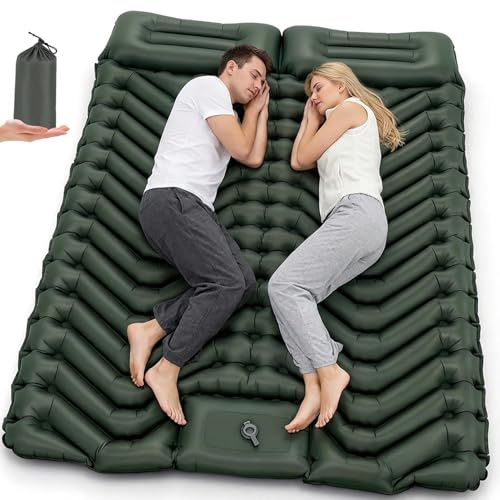 HAUSPROFI Tapis de Camping Isotherme Double, Matelas pneumatique de Camping ultraléger pour 2 Personnes avec Pompe à Pied et Oreiller, Matelas Gonflable Compact et léger, Tapis de Camping, Vert