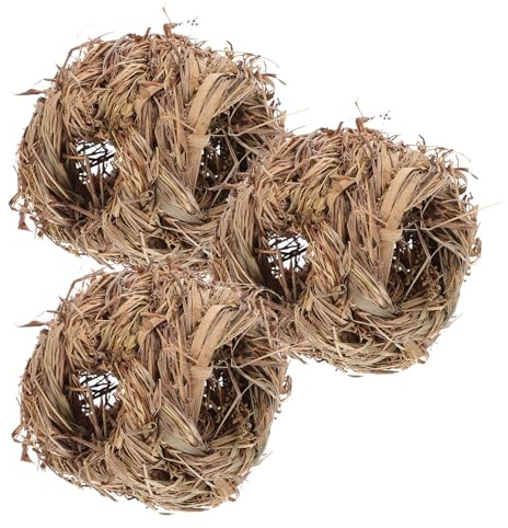 Mikikit Small Grass House and Bunny Cubby 3Pcs Set Woven Hideout 3.5X3.5X4In for Hamster and Rabbit Indoor Activity