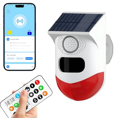 Chatthen WiFi Sensor de Movimiento, Sensor Solar Adecuado para Interiores y Exteriores, Volumen de 0~120dB, Control Remoto, Programación Temporal, con Mando a Distancia, 3 Modos Ángulo Detección 110º