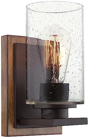 Kira Home Sedona 9 Modern Rustic Wall Sconce + Seeded Glass Cylinder Shade, Oil Rubbed Bronze + Wood Style Walnut Finish