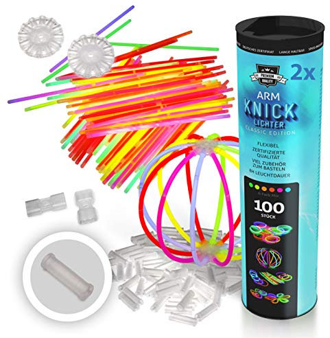 Power Lightz 200 Stück 20 cm Knicklichter/Armbänder inkl. 200 x 2D-Verbinder, je 4 x Ball- und Flexverbinder, im 6-Farb-Mix für Party, Disco, Festival oder Fasching