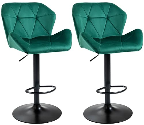 HOMCOM Bar Stools Luxurious Velvet-Touch Footrest Swivel Set Of 2 Green | Metal Frame, Round Base, Triangle Indenting Moulded Seat, Adjustable Height