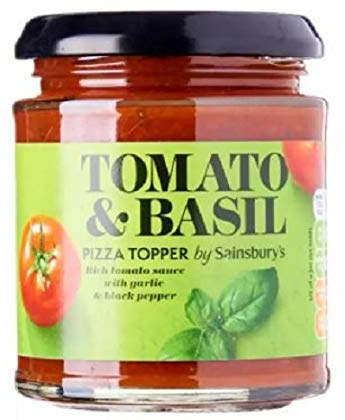 Sainsbury's Tomat och basilika pizzasås topping 190 g – tomatsås med basilika. Rik tomatsås med vitlök och svartpeppar