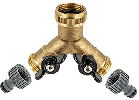 tecuro 2-Wege Y-Verteiler 3/4 Zoll mit 2 Absperrhähnen - für Auslaufventile Messing blank