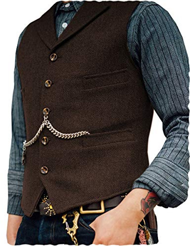 AeoTeokey Classic Mens Wool Tweed Suit Vest Casual Sleeveless Jacket Herringbone Waistcoat for Tuxedos(XS,Coffee)