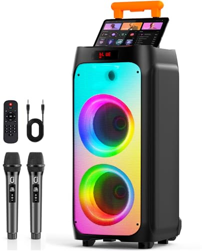 HWWR Karaoke Machine with 2 Wireless Microphones, Big Bluetooth Party Speaker with 500W Peak Power for Adults, PA System with Rolling Wheels and Trolley, Perfect for Outdoor, Home Party, Gatherings