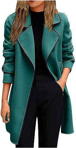 AMhomely Ladies Woollen Jacket Casual Open Front Long Sleeve Jackets Plus Size Open Front Blazer Trench Coats Notch Lapel Casual Windbreak Cashmere Fleece Plain Coats Long Womens Warm Cardigan
