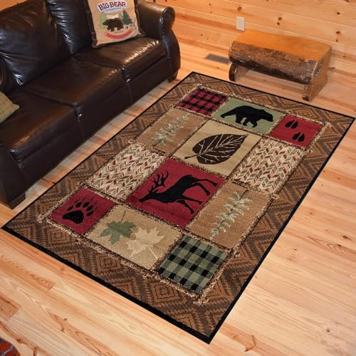 Black Bear Teppich, Kabinenstil, Used-Look, antiker Teppich, brauner schwarzer Bär, Elch, Hirsch, Wildtiere, Tiere, Landjagd, 90 x 150 cm