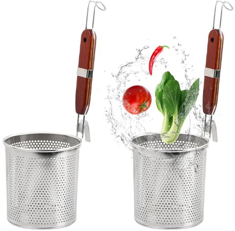 Granvoo 2 Stück Nudelsieb aus Edelstahl, Abseihlöffel mit Langem Holzgriff, Nudelkorb, Spaghetti Portionierer, Küchensieb, Tiefes Sieb, Siebkelle, Kochsieb, Durchmesser 14 cm