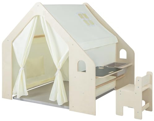 Maxmass 6-in-1 Kids Play Tent, Large Toddler Play House with Desk Table, Chair, Padded Mat, Blackboard, Storage Bin, Wooden Children Tent for 3-6 Years Old Boy Girls (131 x 98 x 113 cm)