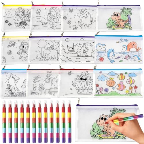12 Sacs à Colorier Zippés avec Crayons Empilables 7 en 1 pour Enfants | Un motif différent par sac, à colorier puis à réutiliser comme trousse