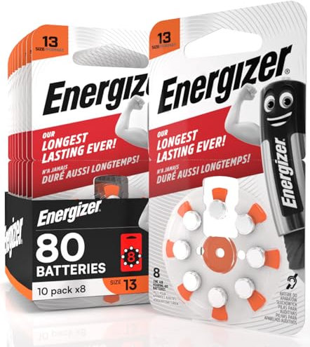 80 Pilas para Audífonos Energizer Tamaño 13 Naranja sin Mercurio - 10 Paquetes de 8 Pilas