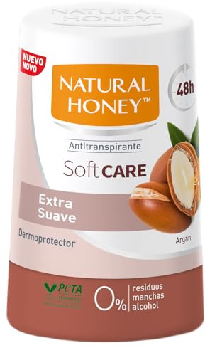 Natural Honey, Soft Care Antitranspirante con Argan, Desodorante Roll On Sin Alcohol, 48H de Protección Suave Contra los Malos Olores, Fórmula Anti Manchas, Fragancia con Extractos Naturales, 50 ml