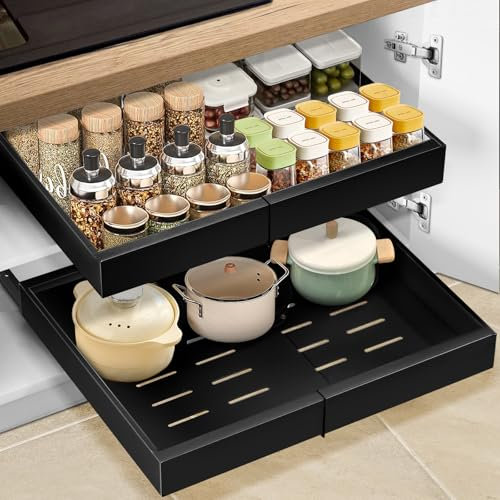 2 Stück Teleskopschublade, Ausziehbare Schublade Küche, küchenschrank organizer, Pull Out Cabinet Organizer, 32-51cm Verstellbare Breite Cabinet Organizer, mit Klebefolie, Kein Bohren (Schwarz)