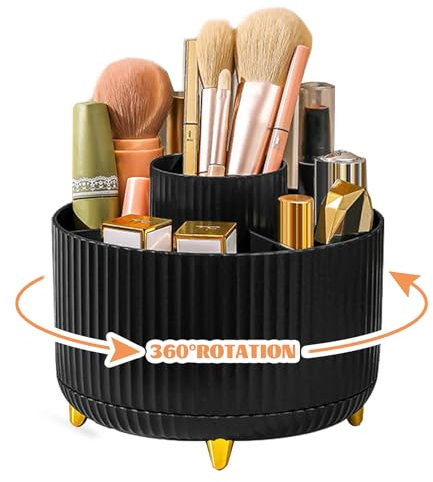 360° Drehbar Make up Organizer, Pinselhalter Kosmetik Aufbewahrung mit 5 Fächern, Aesthetic Schminktisch Organizers für Zimmer Decor Frisiertisch, Schlafzimmer,Badezimmer Organisation (Schwarz)