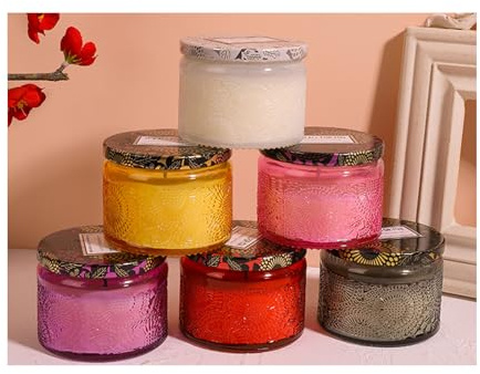 Yuelulala Set of 6 Colorful Glass Tea Light Candle Holders Vintage Votive Jars with Lid, Ideal New Home Party Weddings Decorations for Table Home Centrepiece Birthday Party,Gifts(A66-6)(Random color)