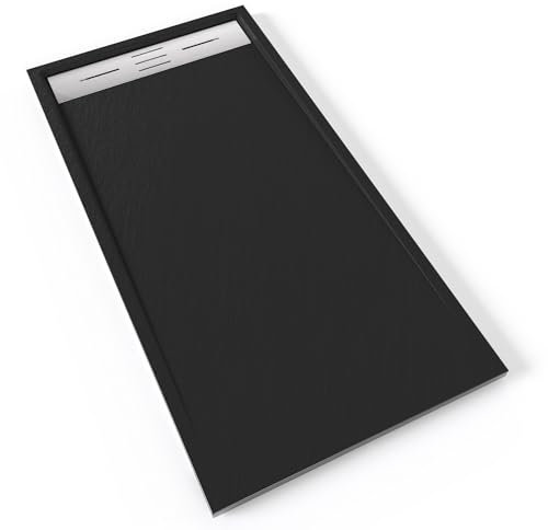 HIEMAL INOX Receveur de douche 70 x 140 cm résine Noir aspect ardoise + bonde inox incluse - Salle de bain
