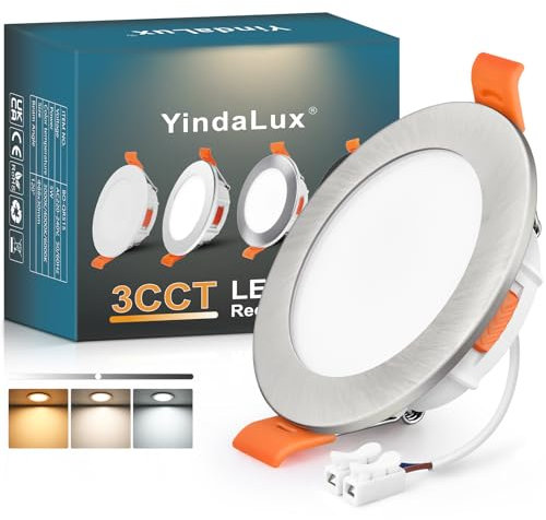 YindaLux Spot LED Encastrable 68mm 5W 550LM Spots de plafond IP44 Spot salle de bain, Blanc Chaud 3000K Blanc Neutre 4000K Blanc Froid 6000K Réglable, Trou Φ65-75mm, AC220-240V, Lot de 1, Nickel