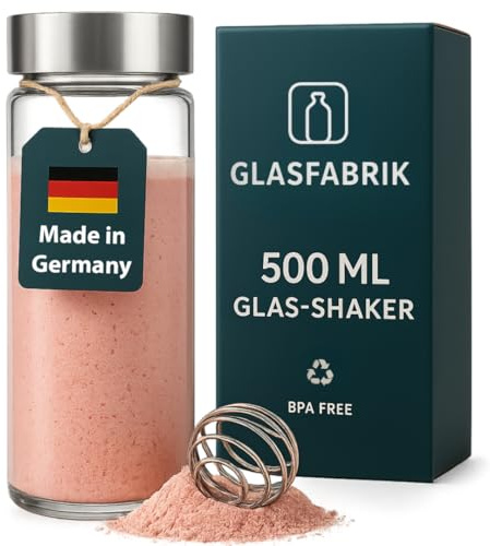 GLASFABRIK Premium Glas Shaker Proteinshake | 500 ml BPA-freie Glasflasche mit Edelstahlkugel | Nachhaltiger Protein Shaker aus Glas | Geschmacksneutral & auslaufsicher | Deutsche Markenqualität