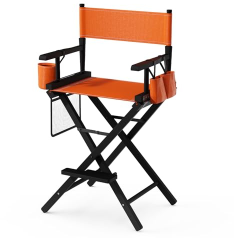 Bonnlo 26 inch Make Up Chair Professional for Makeup Artist 66cm Hight, Directors Chairs Folding, with Portable Storage Side Bags & Footrest, Solid Hardwood & Polyester, Orange, Black Frame