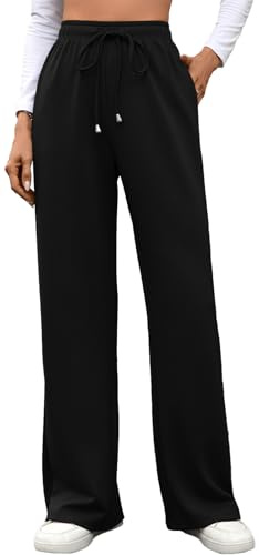 MEDUOLA Pantalones Mujer Deportivos Casuales con cordón Elegantes de Pierna Ancha y Recta y Bolsillos Suaves Ligeros Pantalón para Correr en Primavera y otoño L,Negro