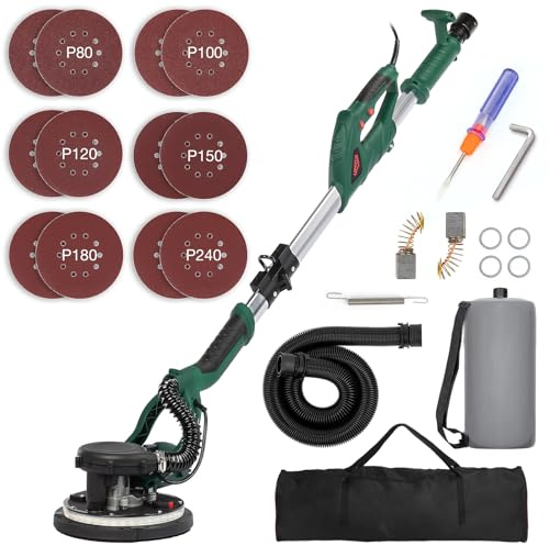 KUIMIT Levigatrice per Cartongesso, 850W Levigatrice per Muro Elettrica con 12 Dischi Abrasivi, 6 Velocità Variabile 800-1750 RPM, con Impugnatura Estensibile, luce LED, Tubo per la Polvere Lungo