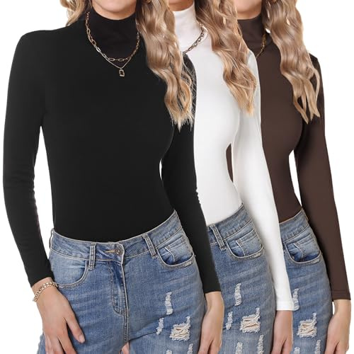 Aottori Womens 3 Pack Long Sleeve Tops Turtleneck Thermal Base Layer Undershirt Set Stretch Fitted Underscrubs Layer Tee Shirts Black + White + Brown M