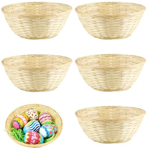 MUYAPAY 5 Piezas Cesta Tejida de Bambú Natural, Cesta Redonda Trenzada Decoración, Frutas Ratán Caja Almacenamiento, Canasta Pascua Adecuado para Contener Huevos Pascua, Frutas y Verduras y Pan