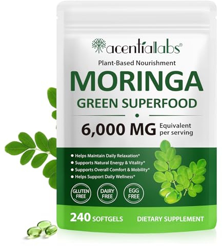 Moringa Capsules, 6000mg Organic Moringa Tablets, Pure Moringa Leaf Extract Vegan Powder Capsules, No Additives, Non-GMO, 1-Month Supply, 240 Capsules