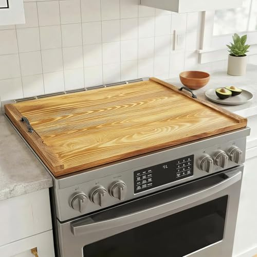 Noodle Board Stove Cover with Handles, Bamboo Wood Stove Top Covers for Electric Stove & Gas Burners, 30 x 22 Stovetop Cover, Rustic Kitchen Decor, for Countertop/Sink Cover/RV (Brown)