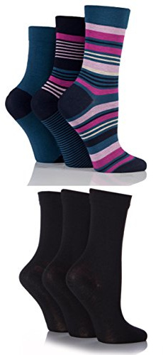SockShop Ladies 6 Pair Socks - Soft, Breathable & Cooling Bamboo Socks with a Gentle Comfort Cuff in Plains and Stripes, Bright and Colourful Multipack Black/Damson 4-8