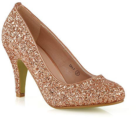 Womens Bridal Wedding Low Heel Sparkly Prom Party Court Shoes Size 3 4 5 6 7 8 (UK 6 / EU 39 / US 8, Rose Gold Glitter)