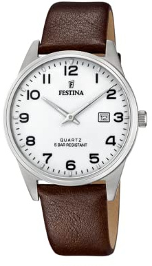 Festina Herren Uhr Analog mit Braunem Lederarmband - Quarzwerk - Kalender - Mineralglas mit hoher Widerstandsfähigkeit - Wasserdicht bis 5 ATM - Elegant F20512/1