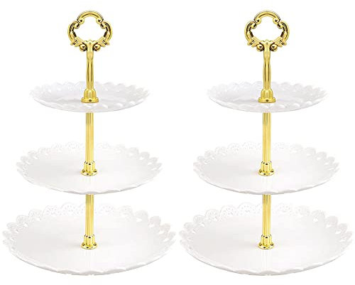 2 Pack 3 Tier Cake Stand Party Food Server, Cupcake Stand, Plastic Dessert Tiered Serving Stand, Dessert Tower Tray for Tea Party, Baby Shower and Wedding Home (White)