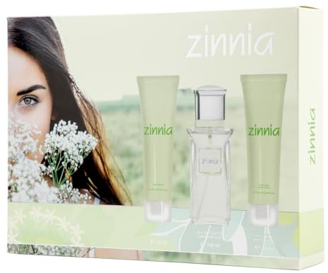ZINNIA - Original Colonia 75 ml + Crema de Manos 75 ml + Loción Corporal, Estuche de Regalo Mujer, Eau de Toilette Femenina, Aroma Cítrico y Floral, Fragancia Fresca de Larga Duración