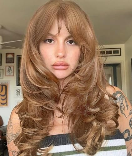 VEBONNY Honigblonde Perücken mit Pony,Schulterlange Gestufte Bob Cosplay Perücke,Synthetische Erdbeerblonde Perücken für weiße Frauen,Natürlich Gerade Klebstofffreie Perücke,VEBONNY-163-5
