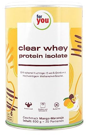 for you clear whey protein isolate Mango-Maracuja - 600g (20 Port.) - Hoher Eiweißanteil 94%, laktosearm, sojafrei - Eiweiß trägt zum Aufbau & Erhaltung von Muskelmasse & normalen Knochen bei