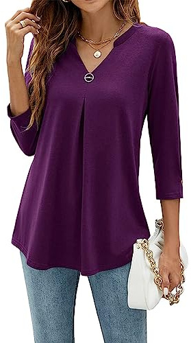 YloveM Blusa para Mujer Cuello en V Manga 3/4 Camisas Casuales Elegantes Túnica Top Color Sólido Blusas de Trabajo Largas Camisas