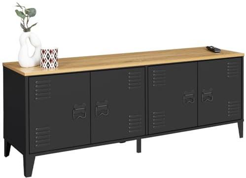 IDMarket - Buffet Bas 140 cm Ester 4 Portes métal Noir et Plateau Bois Design Industriel
