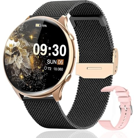 Elfofle Smartwatch dam med telefonfunktion, 1,39 tums TFT HD-pekskärmar, IP67 vattentät med 120 Sport SpO2 pulsklocka menstruationscykel sömnmonitor, armbandsur för iOS Android svart guld