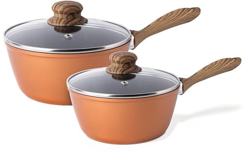 Induction Saucepan Set with Lid – Non Stick Saucepan for Induction – 2pcs Copper Sauce Pan – 16cm, 18cm Saucepot Set – by Nuovva