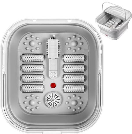 Spa de massage des pieds pliable, bain de pieds avec chaleur et massage | Bassin de bain de pieds pliable et chauffé | Masseur portatif de rouleau de baignoire de pied, lumière rouge, ménage