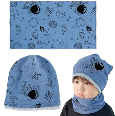Augesak Mütze und Schlauchschal Kinder Set, Beanie Mütze & Loop Schal, 95% Baumwolle Mütze Schal Set Mädchen Jungen 2-8 Jahren, Schalmütze Warme Wintermütze Strickmützen für Winter Herbst Frühling