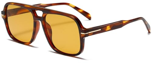 CIKJUK Lunettes de Soleil Femme Homme Aviateur Carré Vintage Annee 70 Protection UV400 Verre Teintés Retro Lunette de Soleil - Léopard/Jaune