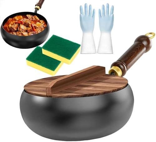 Generisch Pan en fer japonais avec couvercle forgé en bois, poêle en fer non revêtu, poêle à gaz et poêle à induction (28 cm)