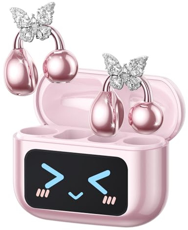 Auriculares Oreja Abierta Inalambricos Bluetooth con Pantalla LED y Decoración de Mariposa, Clip Abierto, Estilo Moderno, Sonido Envolvente, Auriculares Open Ear para Mujeres Elegantes, M100 Rosa