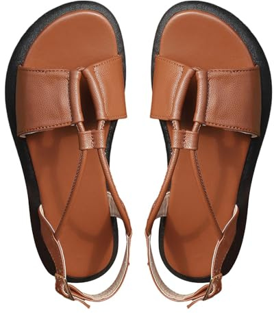 Roman Sandals Women's Leather Sandals Women's Wide Feet Sandals Flat Sandals with Footbed Trekking Sandals Straps Beach Shoes Leather PU Outdoor Shoes Comfortable Peep Shoes Women's Sandals, brown, 5