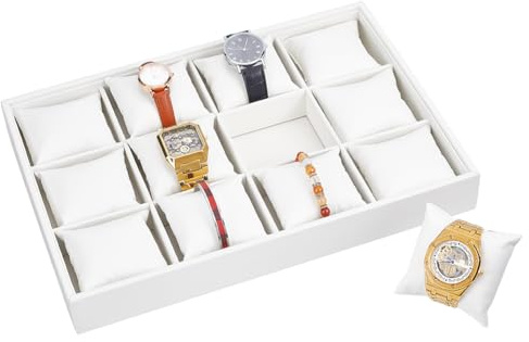 PH PandaHall Vassoio Porta Orologi da Cassetto Vassoio per Bracciali in Pelle, Bianco Espositore Porta Gioielli con 12 Griglie per Uomo Donna Orologi e Bracciali, 24.2x35.2x4.4cm