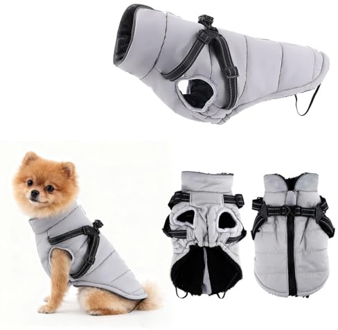 Abrigo Invierno Perro Impermeable, ZoneYan Abrigo CáLido para Perro Pequeño, Abri-go Perr-o con Tiras Reflectantes & Arnés Ajustable, Prueba Chaqueta Perr-o Acogedor Cachorro (Gris, XS)